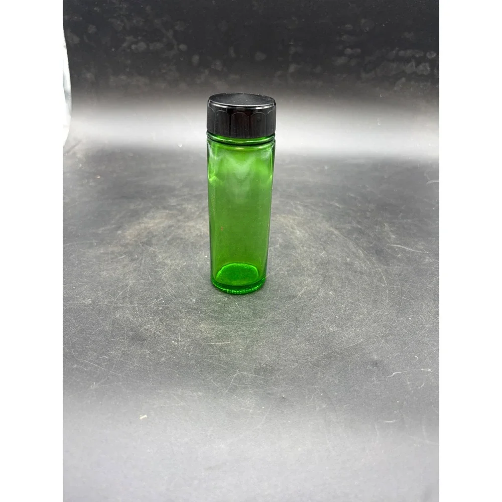 Vintage Emerald Green Glass Apothecary Jar Vial with Black Screw Lid 4 inch